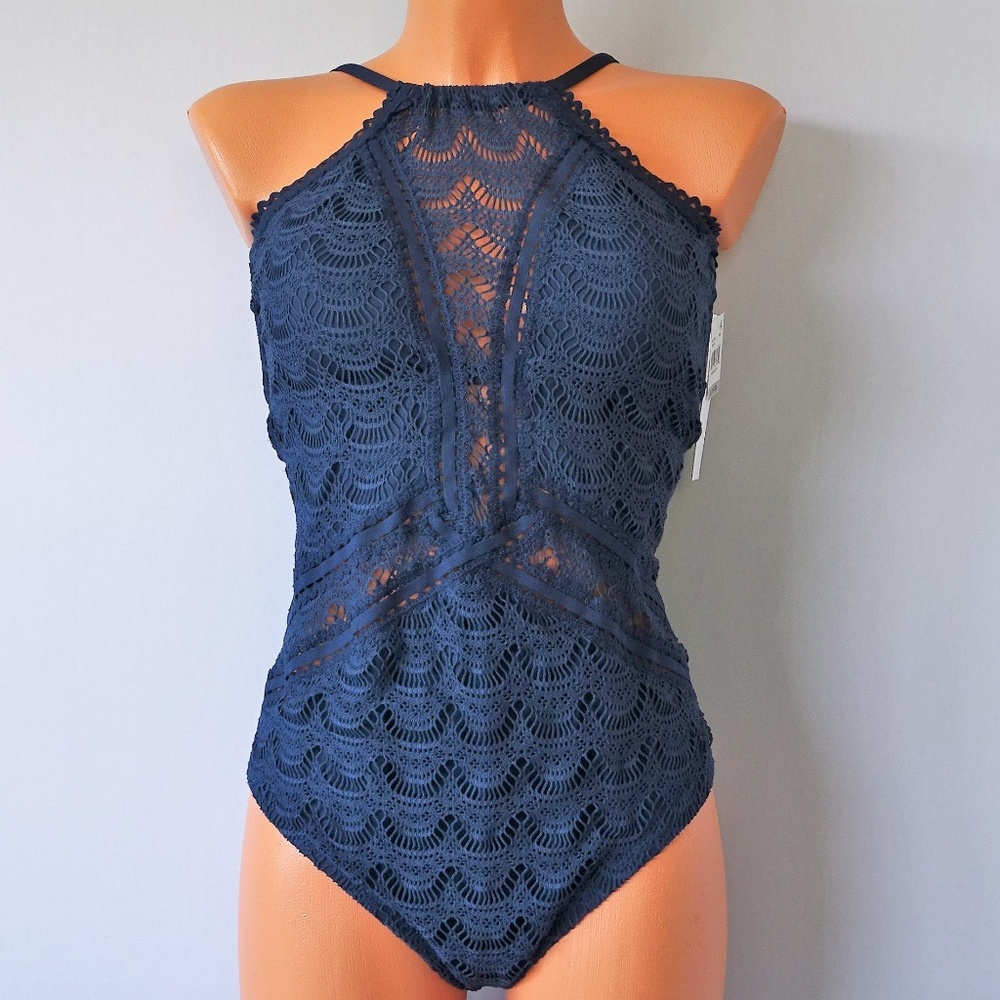 BECCA Navy Crochet Halter One-Piece Swimsuit